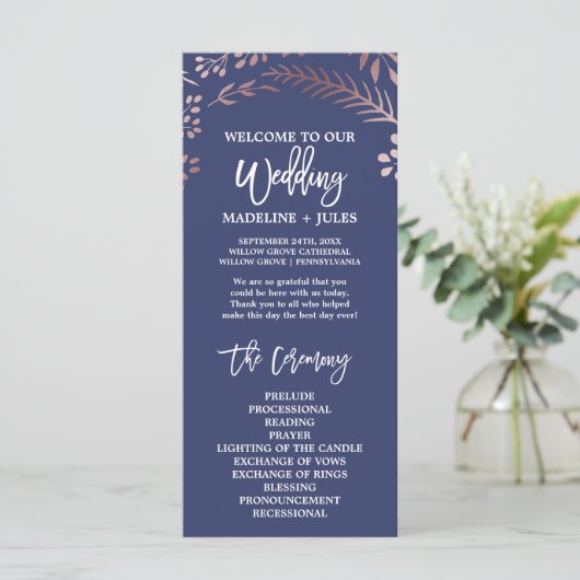 Elegant Roos Gold and Navy Wedding Program Programmakaart (Staand voorkant)