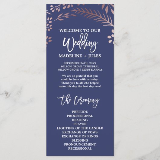Elegant Roos Gold and Navy Wedding Program Programmakaart (Voorkant)