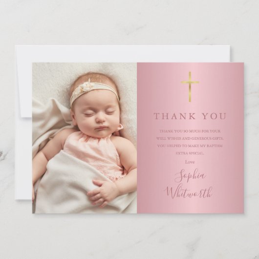 Elegant Roos Gold Baptisme Christening Foto Bedankkaart (Voorkant)