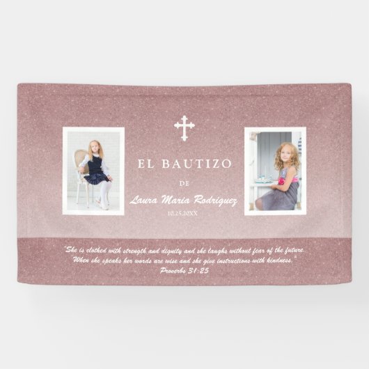 Elegant Roos Gold Bautizo Baptism Girl Foto Spandoek (Horizontaal)