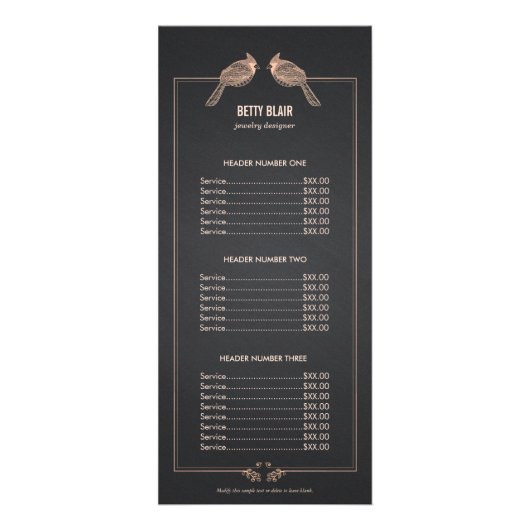 Elegant Roos Gold Birds Chalkboard Price List Menu (Voorkant)