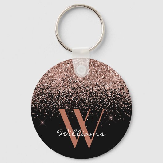 Elegant Roos Gold Black Glitter Monogram Naam Sleutelhanger (Voorkant)
