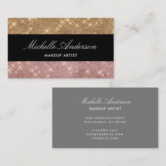 Elegant Roos Gold Black Glitter Sparging Name Visitekaartje (Voorkant / Achterkant)
