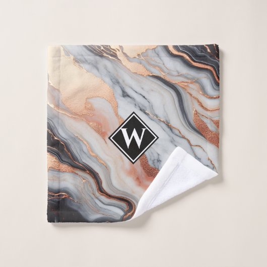 Elegant Roos Gold Black Marmer Monogram Bad Handdoek (Wasdoekje)