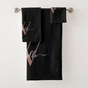 Elegant Roos Gold Black Monogram Name Script Bad Handdoek