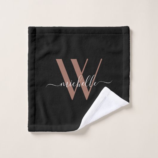 Elegant Roos Gold Black Monogram Name Script Bad Handdoek (Wasdoekje)