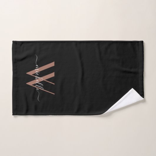 Elegant Roos Gold Black Monogram Name Script Bad Handdoek (Handdoek)
