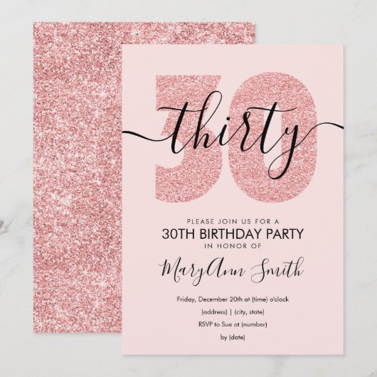 Elegant Roos Gold Blush Glitter 30e verjaardag Kaart (Voorkant / Achterkant)