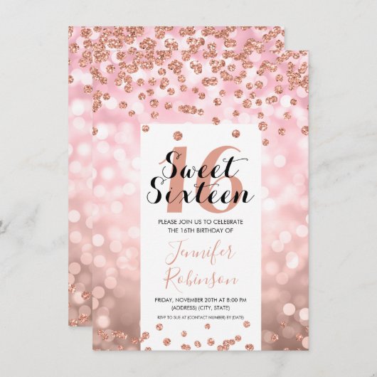 Elegant Roos Gold Blush Glitter Sweet 16 Kaart (Voorkant / Achterkant)