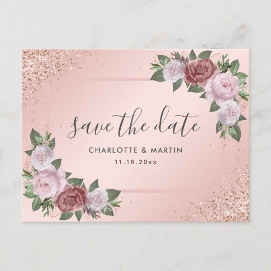 Elegant Roos Gold Blush Pink Floral Weddenschap Aankondigingskaart (Voorkant)