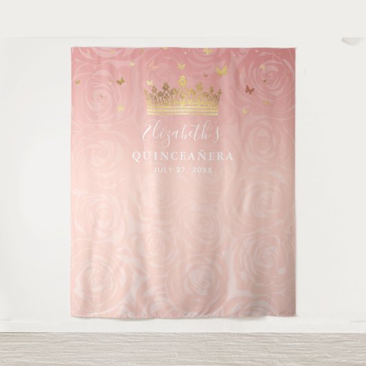 Elegant Roos Gold Blush Pink Quinceanera Foto Wandkleed (Voorkant)