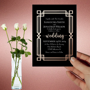 Elegant Roos Gold Border op Black Wedding Real Folie Uitnodiging