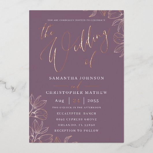 Elegant Roos Gold Botanical De bruiloft van Folie Uitnodiging (Voorkant)