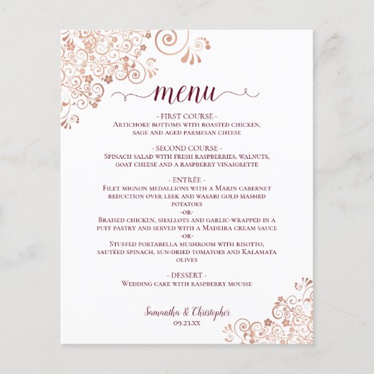 Elegant Roos Gold & Bourgogne BUDGET WeddenMenu (Voorkant)