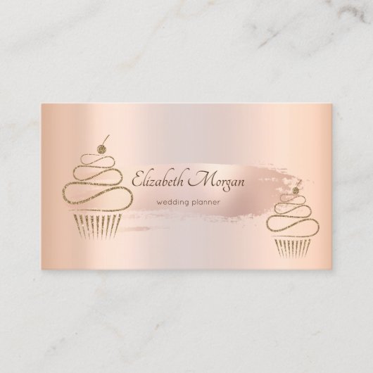 Elegant Roos Gold Brush Stroke, Gold Cupcakes Visitekaartje (Voorkant)