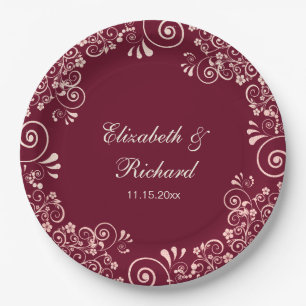 Elegant Roos Gold Burgundy Floral Swirls Weddensch Papieren Bordje