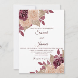 Elegant Roos Gold Burgundy Glitter Floral Wedding Kaart