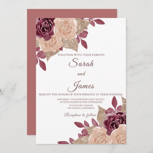 Elegant Roos Gold Burgundy Glitter Floral Wedding Kaart (Voorkant / Achterkant)