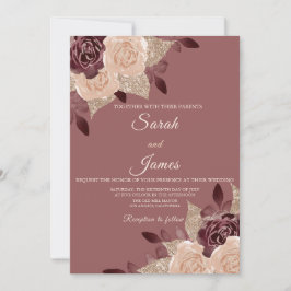 Elegant Roos Gold Burgundy Glitter Floral Wedding Kaart