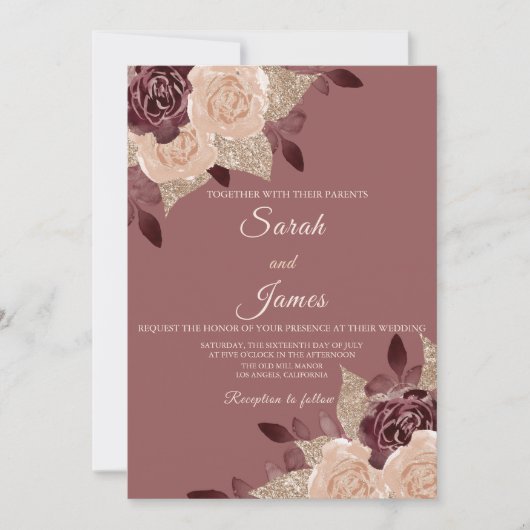 Elegant Roos Gold Burgundy Glitter Floral Wedding Kaart (Voorkant)