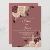 Elegant Roos Gold Burgundy Glitter Floral Wedding Kaart (Voorkant / Achterkant)