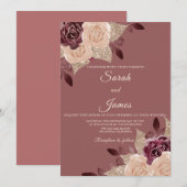 Elegant Roos Gold Burgundy Glitter Floral Wedding Kaart (Voorkant / Achterkant)