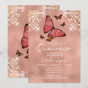 Elegant Roos Gold Butterfly Floral Quinceañera Kaart