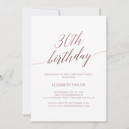 Elegant Roos Gold Calligrafie 30e verjaardag Kaart (Voorkant)