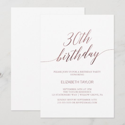 Elegant Roos Gold Calligrafie 30e verjaardag Kaart (Voorkant / Achterkant)