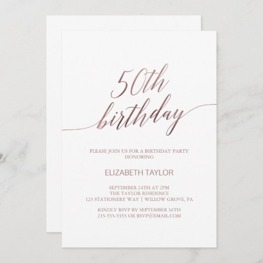 Elegant Roos Gold Calligrafie 50e verjaardag Kaart (Voorkant / Achterkant)