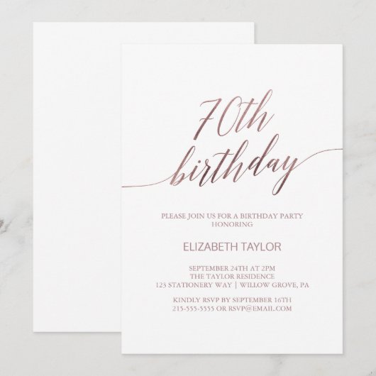 Elegant Roos Gold Calligrafie 70e verjaardag Kaart (Voorkant / Achterkant)