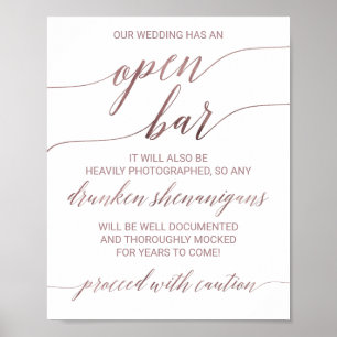 Elegant Roos Gold Calligrafie Attentie Open Bar Poster