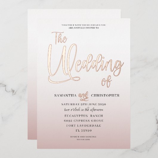 Elegant Roos Gold Calligrafie Het huwelijk van Folie Uitnodiging (Voorkant / Achterkant)