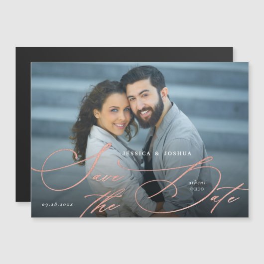 Elegant Roos Gold Calligrafie Save the Date Magnet Magnetische Uitnodiging (Voorkant / Achterkant)
