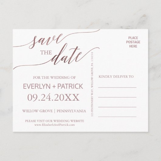 Elegant Roos Gold Calligrafie Sparen de Datum Aankondigingskaart (Achterkant)