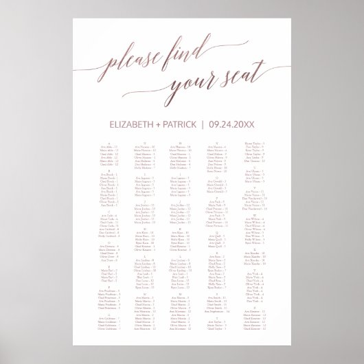 Elegant Roos Gold Calligraphy 200+ Seating Chart Poster (Voorkant)