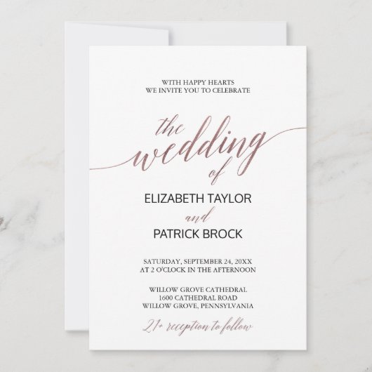 Elegant Roos Gold Calligraphy 21+ Wedding Kaart (Voorkant)