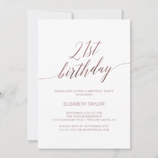 Elegant Roos Gold Calligraphy 21st Birthday Kaart (Voorkant)