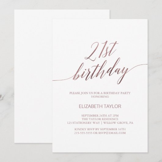 Elegant Roos Gold Calligraphy 21st Birthday Kaart (Voorkant / Achterkant)