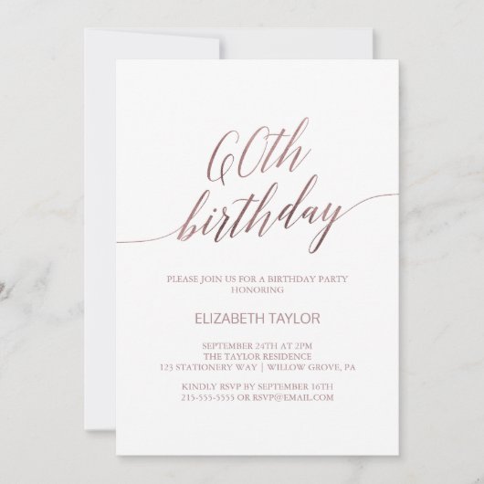 Elegant Roos Gold Calligraphy 60th Birthday Kaart (Voorkant)