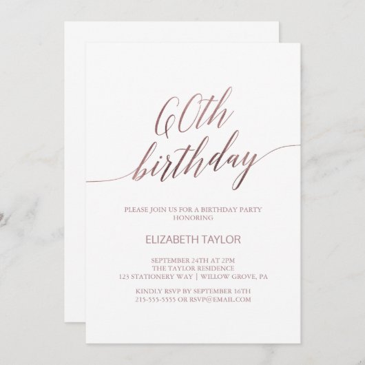 Elegant Roos Gold Calligraphy 60th Birthday Kaart (Voorkant / Achterkant)
