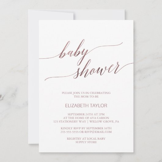 Elegant Roos Gold Calligraphy Baby shower Kaart (Voorkant)