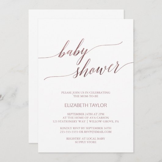 Elegant Roos Gold Calligraphy Baby shower Kaart (Voorkant / Achterkant)