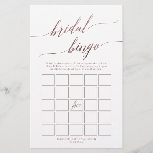 Elegant Roos Gold Calligraphy Bridal Bingo Game Flyer (Voorkant)