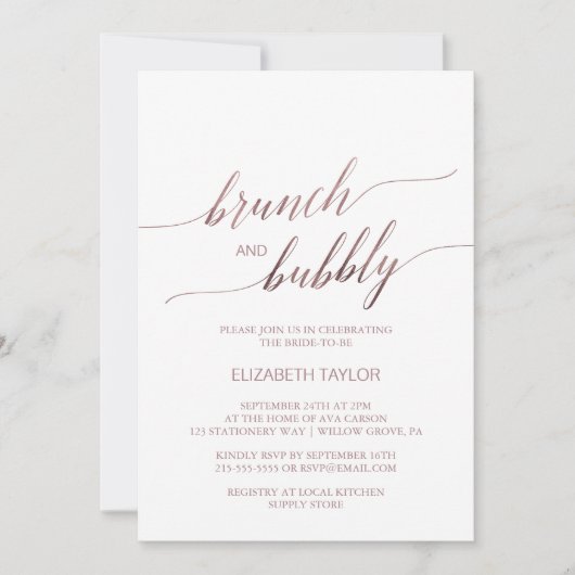 Elegant Roos Gold Calligraphy Brunch & Bubble Kaart (Voorkant)