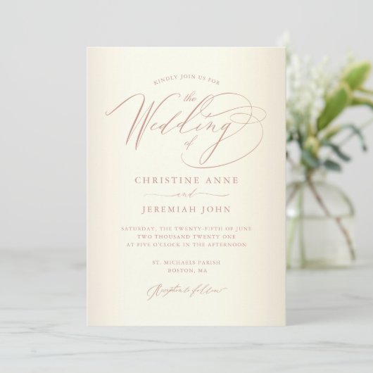 Elegant Roos Gold Calligraphy Champagne Wedding Kaart (Staand voorkant)