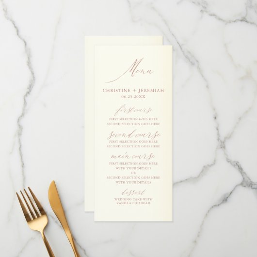 Elegant Roos Gold Calligraphy Champagne Wedding Menu (Voorkant / Achterkant in situ)