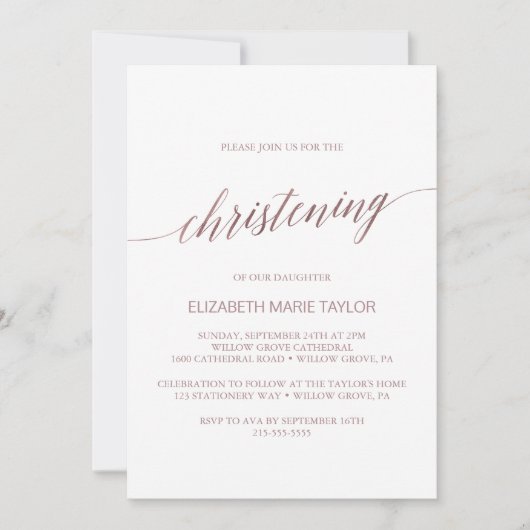 Elegant Roos Gold Calligraphy Christening Kaart (Voorkant)
