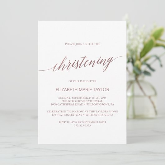 Elegant Roos Gold Calligraphy Christening Kaart (Staand voorkant)