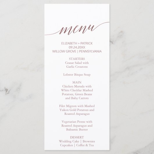 Elegant Roos Gold Calligraphy Dinner Menu Kaart (Voorkant)